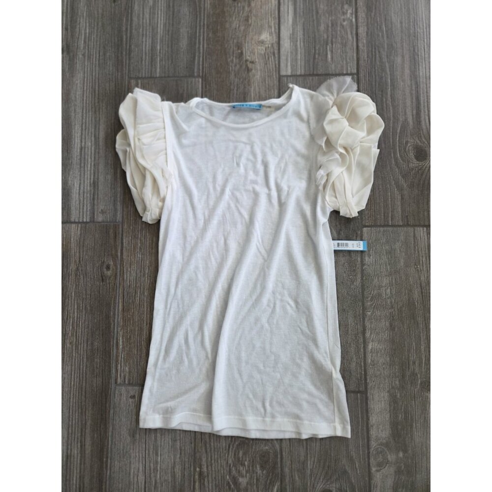Nwt Alice&Oliva Cream Cotton Blend Top W/ Puff/ Ruffled Silk Short Sleeves Sz S - Picture 2 of 7